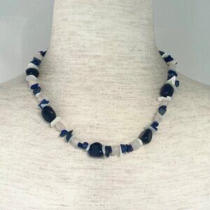 Sterling Silver 925 Sodalite Quartz MOP Blue Goldstone Beaded Necklace 17.5"